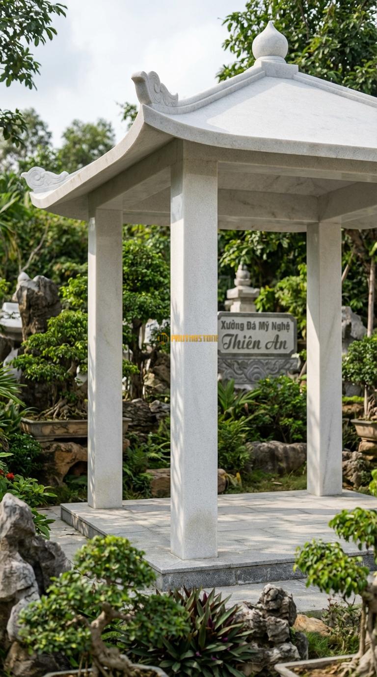 Lầu Tứ Giác Đá Trắng Muối Hiện Đại: Cột vuông trơn, đánh bóng, ít hoa văn, mái bằng hoặc dốc nhẹ. Vuông 2m80 x 2m80