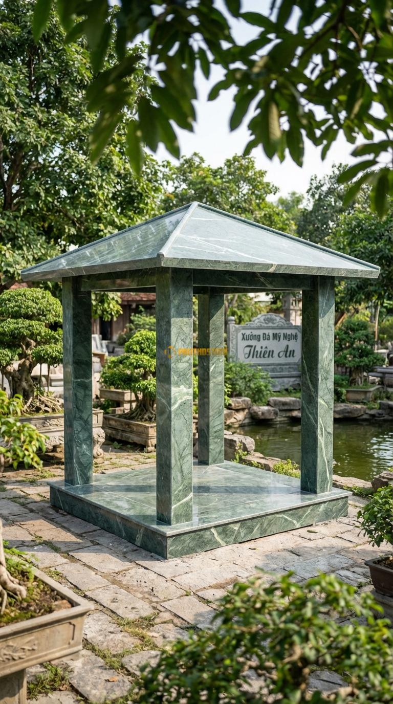 Lầu Tứ Giác Đá Xanh Ấn Hiện Đại: Cột vuông trơn, đánh bóng, ít hoa văn, mái bằng hoặc dốc nhẹ. Vuông 2m80 x 2m80