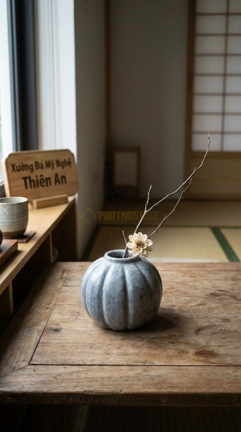 Lọ Hoa Đá Cẩm Thạch Xám Họa Tiết “Bí Ngô” (Chia Múi Dọc Thân Giống Quả Bí). Kích Thước Cao 10Cm, Đk 13Cm.