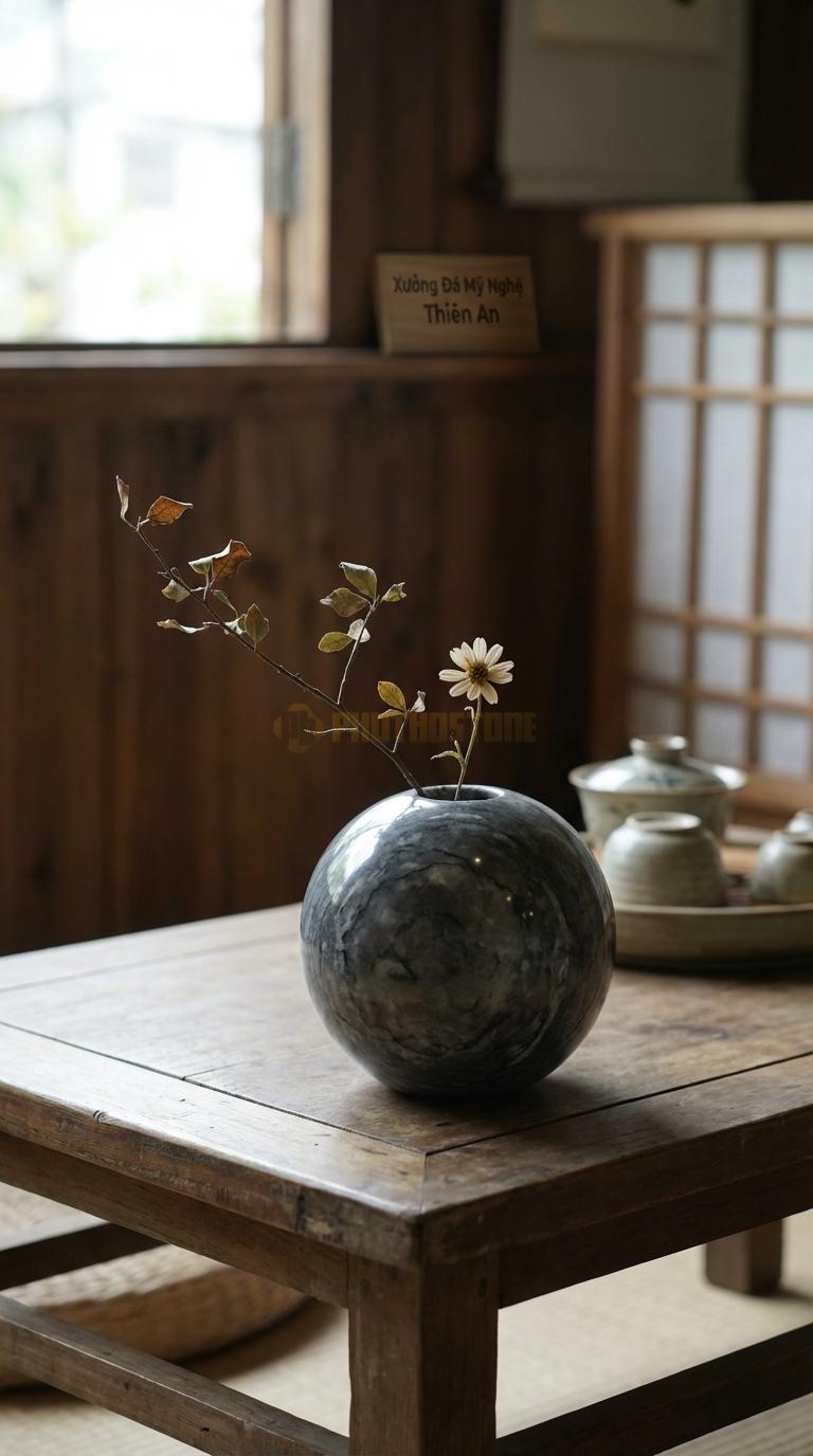 Lọ Hoa Đá Cẩm Thạch Xám Họa Tiết “Bóng Khí” (Tròn Vo Hoàn Hảo Như Bong Bóng, Mài Bóng Kính). Kích Thước Đk 12Cm, Cao 11Cm.