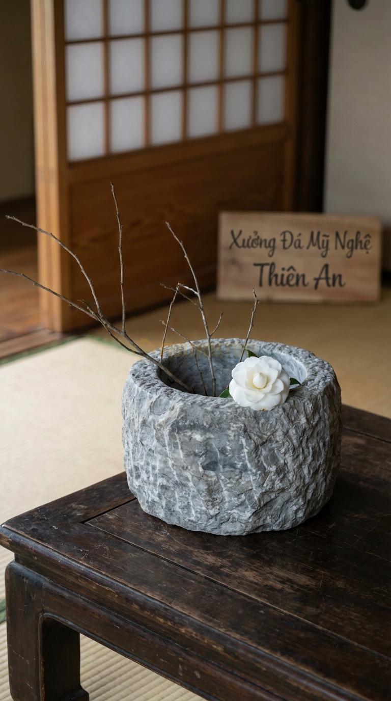 Lọ Hoa Đá Cẩm Thạch Xám Họa Tiết “Cối Đá Cổ” (Mô Phỏng Cối Xay Đá Ngày Xưa). Kích Thước Đk 25Cm, Cao 12Cm.