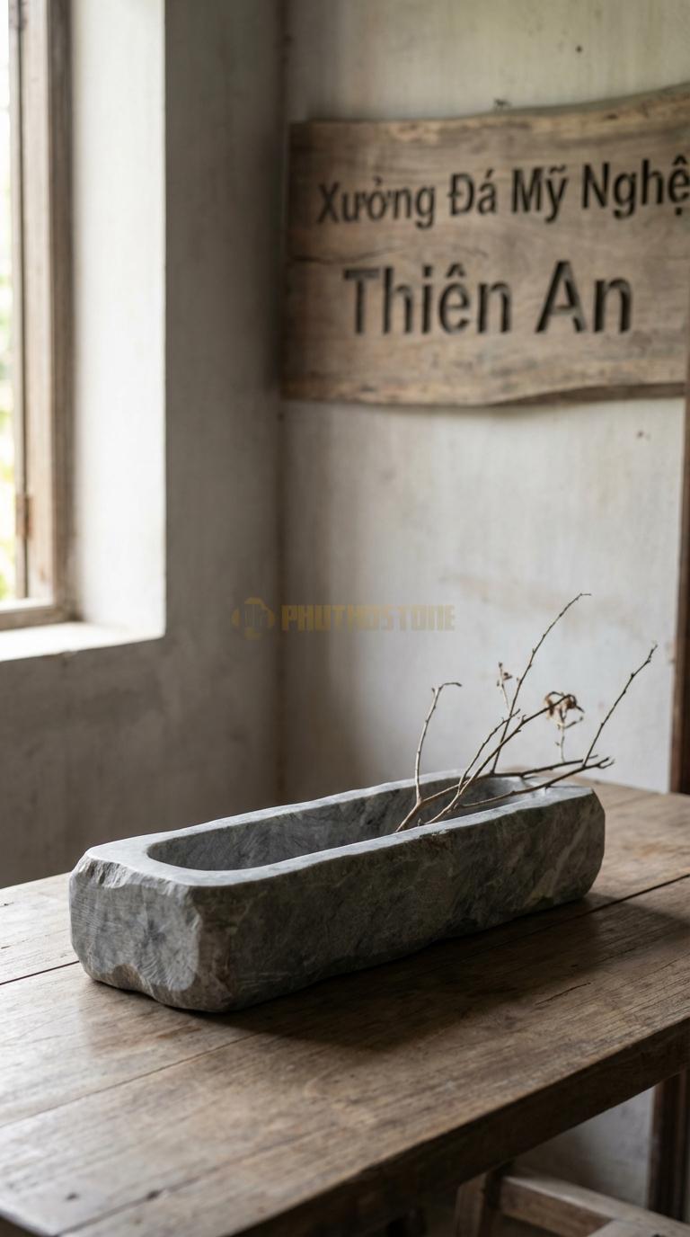 Lọ Hoa Đá Cẩm Thạch Xám Họa Tiết “Máng Nước” (Dáng Dài Hình Chữ Nhật Khoét Lòng). Kích Thước Dài 45Cm, Rộng 10Cm, Cao 7Cm.