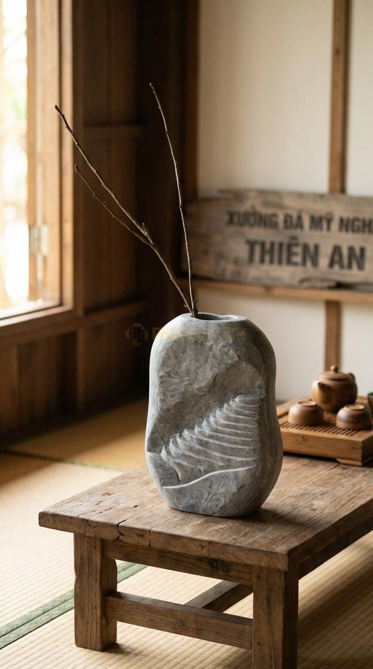 Lọ Hoa Đá Cẩm Thạch Xám Họa Tiết “Ruộng Bậc Thang” (Lòng Lọ Giật Cấp). Kích Thước 30 x 20 x 8 Cm.