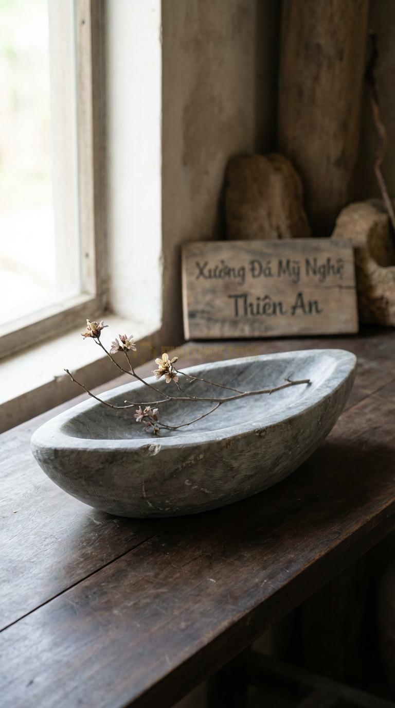 Lọ Hoa Đá Cẩm Thạch Xám Họa Tiết “Thuyền Nan” (Dáng Con Thuyền Dài, Lòng Nông). Kích Thước Dài 40Cm, Rộng 12Cm, Cao 8Cm.