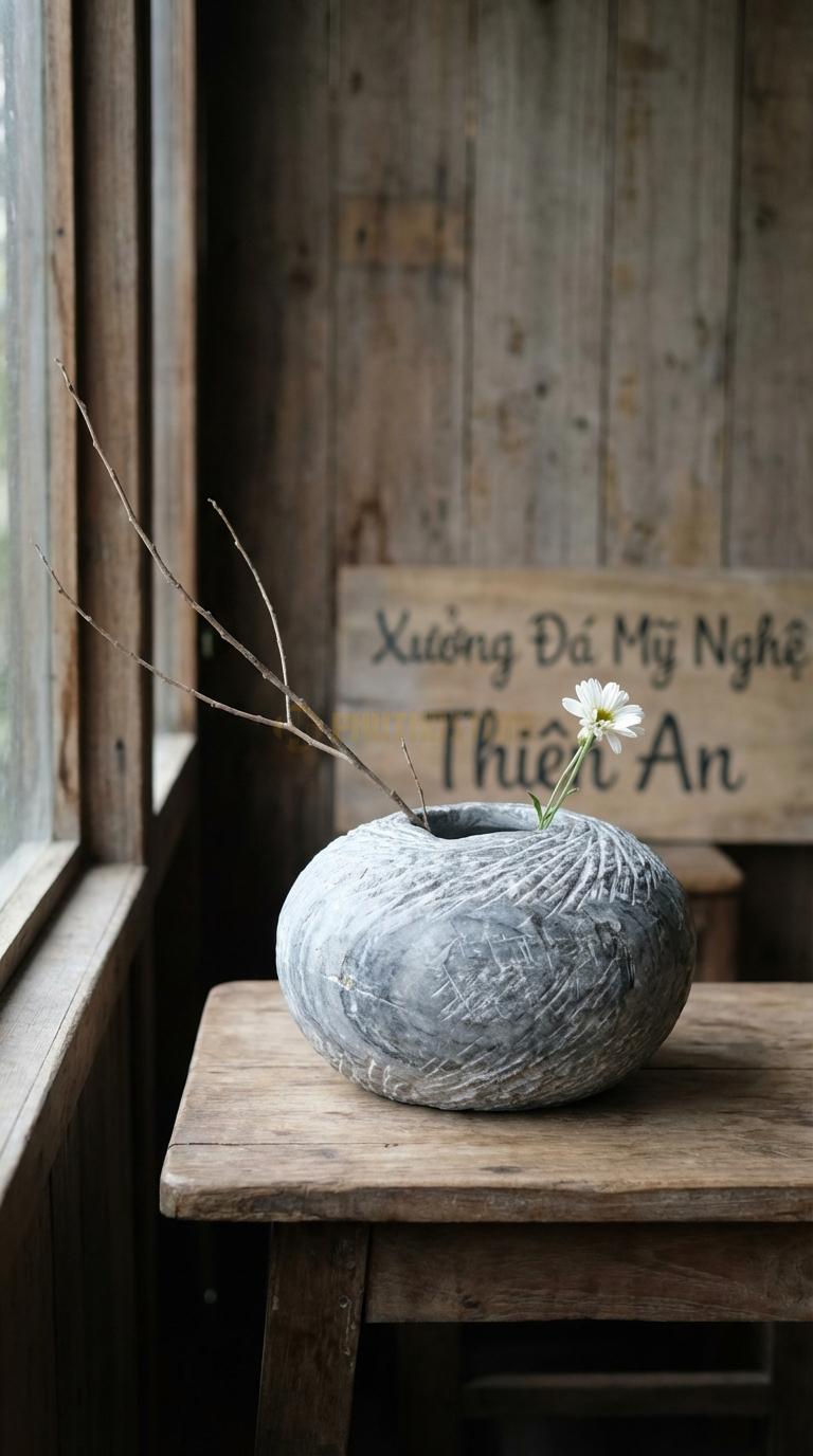 Lọ Hoa Đá Cẩm Thạch Xám Họa Tiết “Tổ Chim” (Dáng Tròn, Bề Mặt Xước Rối). Kích Thước Đk 20Cm, Cao 10Cm.