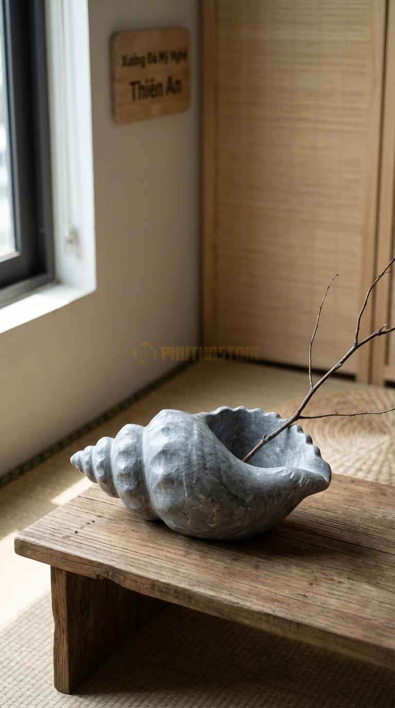 Lọ Hoa Đá Cẩm Thạch Xám Họa Tiết “Vỏ Sò” (Mô Phỏng Hình Vỏ Trai/Sò Lớn). Kích Thước Dài 28Cm, Rộng 18Cm, Cao 9Cm.