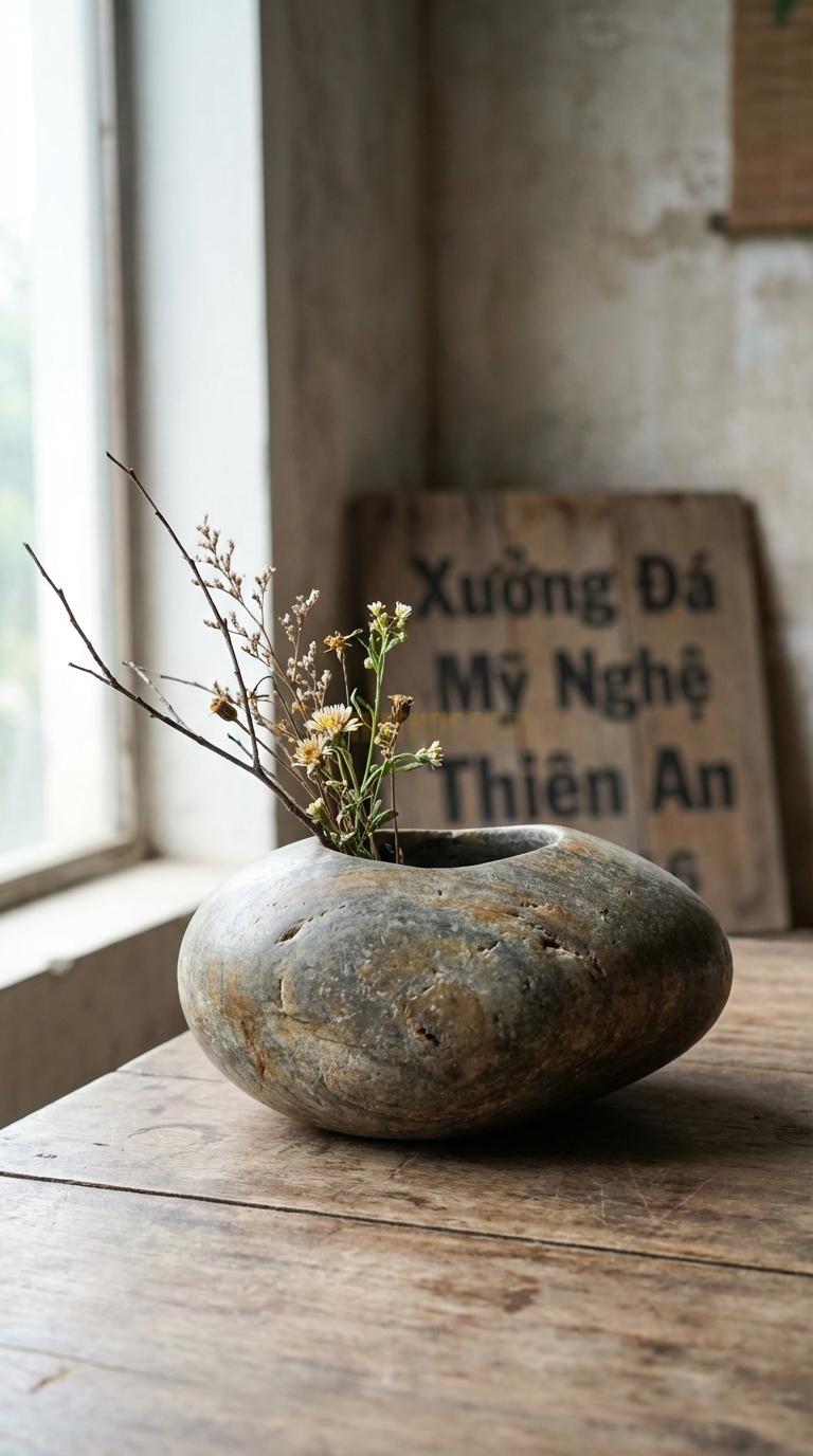 Lọ Hoa Đá Cuội Họa Tiết “Bát Úp” (Dáng Thấp, Miệng Rộng Hơn Đáy). Kích Thước Cao 8Cm, Đk Miệng 12Cm.