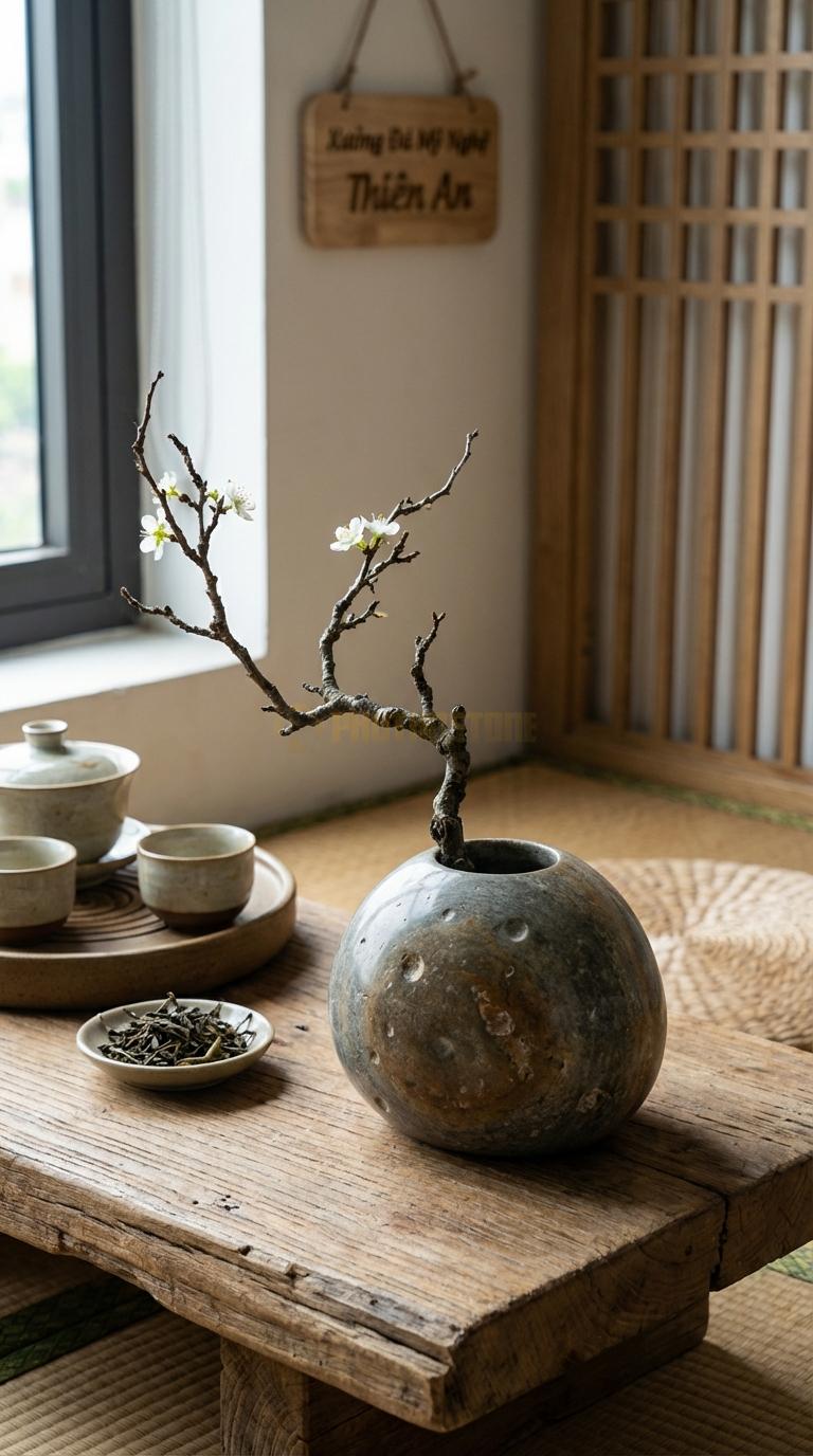Lọ Hoa Đá Cuội Họa Tiết “Bóng Khí” (Tròn Vo Hoàn Hảo Như Bong Bóng, Mài Bóng Kính). Kích Thước Đk 12Cm, Cao 11Cm.