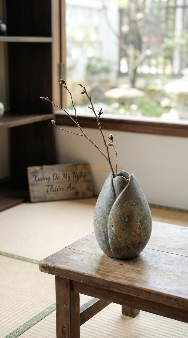Lọ Hoa Đá Cuội Họa Tiết “Búp Sen” (Tạo Hình Búp Sen Chưa Nở). Kích Thước Cao 13Cm, Đk 9Cm.