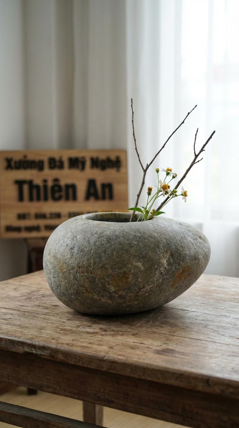 Lọ Hoa Đá Cuội Họa Tiết “Cối Đá Cổ” (Mô Phỏng Cối Xay Đá Ngày Xưa). Kích Thước Đk 25Cm, Cao 12Cm.