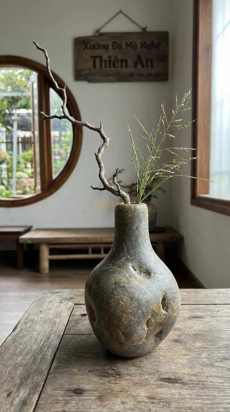 Lọ Hoa Đá Cuội Họa Tiết “Củ Tỏi” (Bụng Phình To, Cổ Thắt Lại Và Cao). Kích Thước Cao 16Cm, Đk Bụng 10Cm.