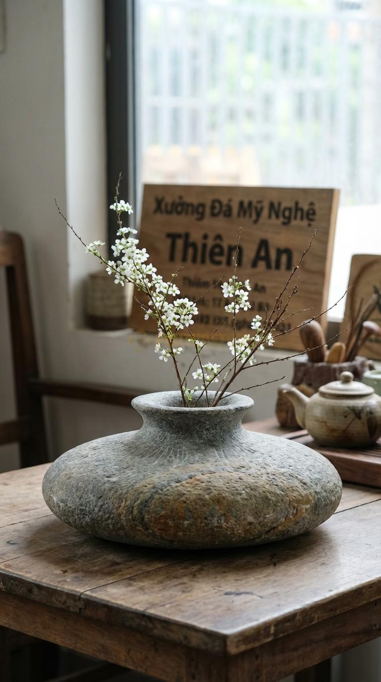 Lọ Hoa Đá Cuội Họa Tiết “Đĩa Bay Tròn” (Dáng Đĩa Tròn Dẹt, Miệng Loe). Kích Thước Đk 30Cm, Cao 6Cm.