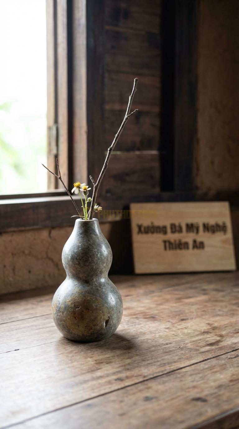 Lọ Hoa Đá Cuội Họa Tiết “Hồ Lô Tí Hon” (Dáng Hồ Lô Phong Thủy Mini). Kích Thước Cao 14Cm, Đk 7Cm.