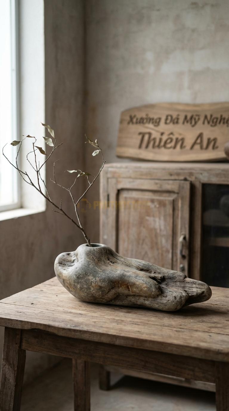 Lọ Hoa Đá Cuội Họa Tiết “Khúc Gỗ Lũa” (Đá Tạo Hình Giống Gỗ Mục). Kích Thước Dài 38Cm, Cao 10Cm.