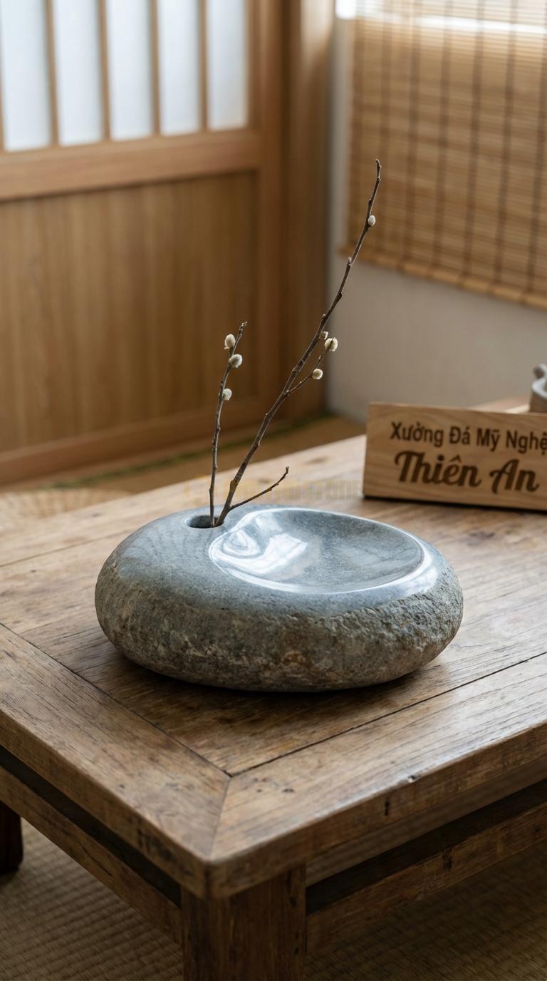 Lọ Hoa Đá Cuội Họa Tiết “Mặt Hồ Phẳng” (Đĩa Mài Bóng Như Mặt Gương). Kích Thước Đk 35Cm, Cao 4Cm.