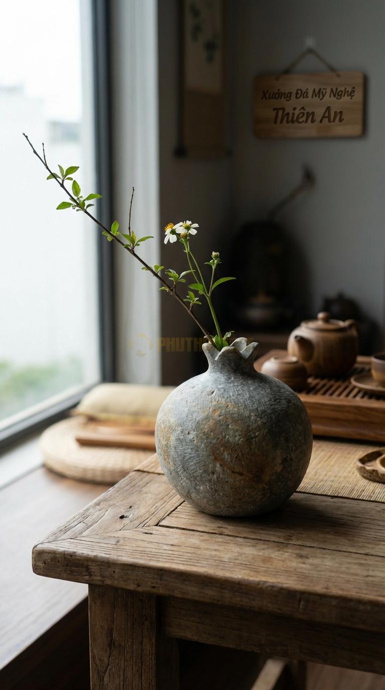 Lọ Hoa Đá Cuội Họa Tiết “Quả Lựu” (Dáng Tròn, Miệng Loe Nhỏ Như Núm Quả Lựu). Kích Thước Cao 12Cm, Đk 10Cm.