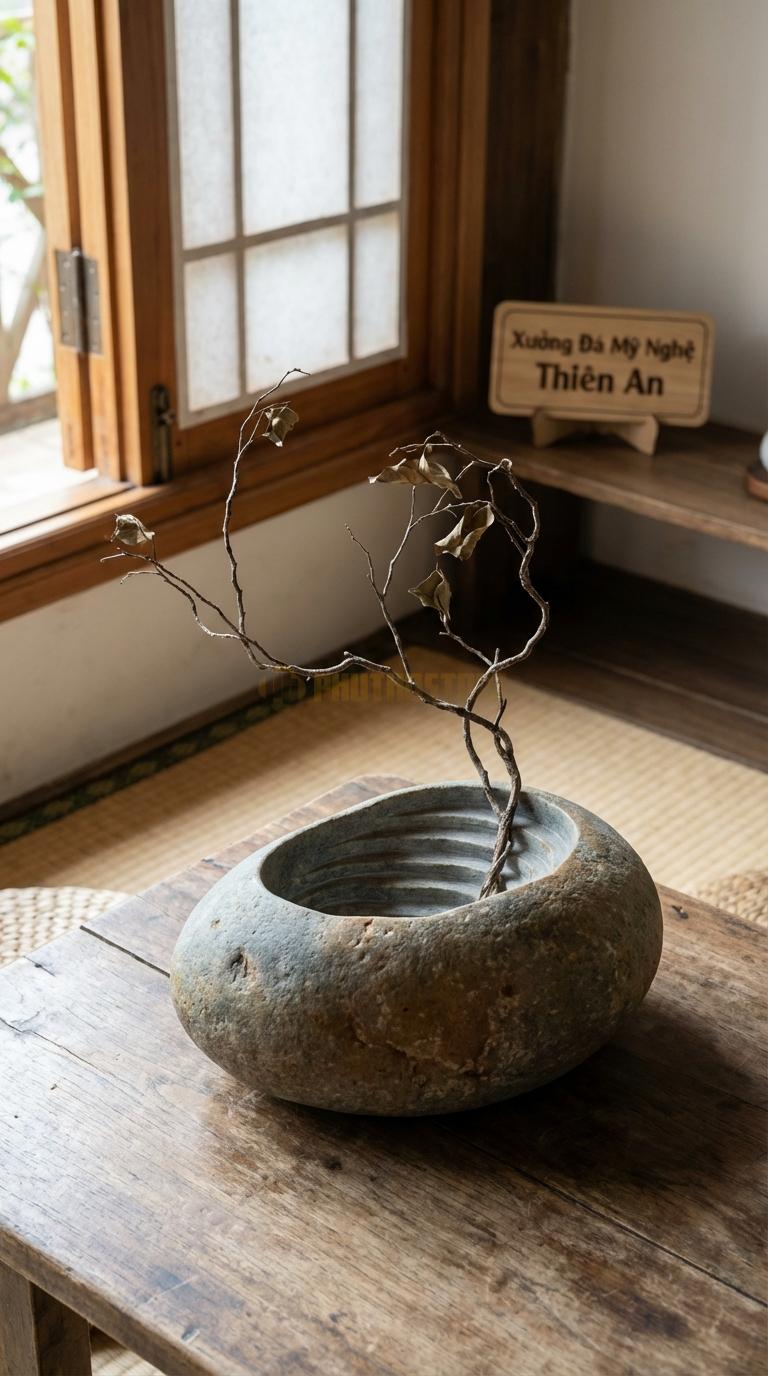 Lọ Hoa Đá Cuội Họa Tiết “Ruộng Bậc Thang” (Lòng Lọ Giật Cấp). Kích Thước 30 x 20 x 8 Cm.