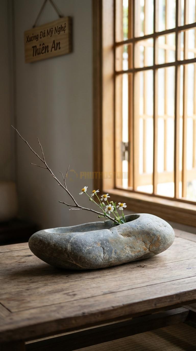 Lọ Hoa Đá Cuội Họa Tiết “Thuyền Nan” (Dáng Con Thuyền Dài, Lòng Nông). Kích Thước Dài 40Cm, Rộng 12Cm, Cao 8Cm.
