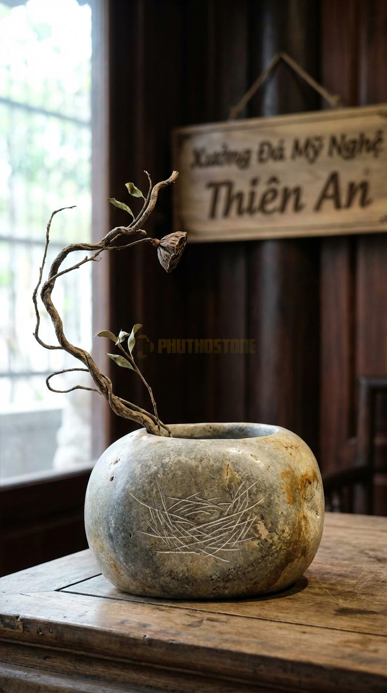 Lọ Hoa Đá Cuội Họa Tiết “Tổ Chim” (Dáng Tròn, Bề Mặt Xước Rối). Kích Thước Đk 20Cm, Cao 10Cm.