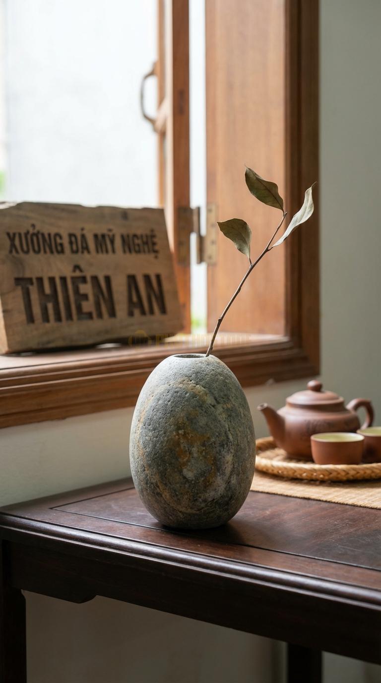 Lọ Hoa Đá Cuội Họa Tiết “Trứng Ngỗng” (Dáng Oval Đứng Trơn Nhẵn). Kích Thước Cao 14Cm, Đk 9Cm.