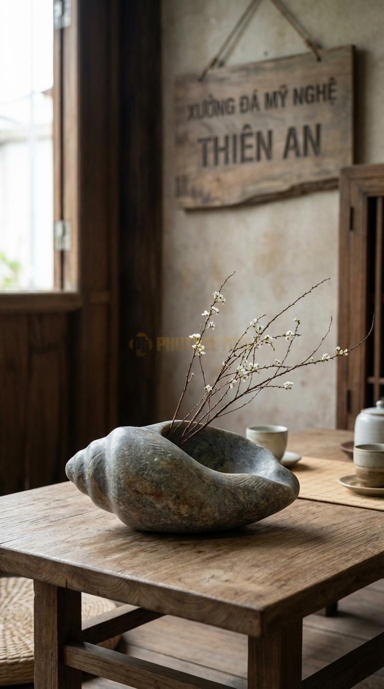 Lọ Hoa Đá Cuội Họa Tiết “Vỏ Sò” (Mô Phỏng Hình Vỏ Trai/Sò Lớn). Kích Thước Dài 28Cm, Rộng 18Cm, Cao 9Cm.