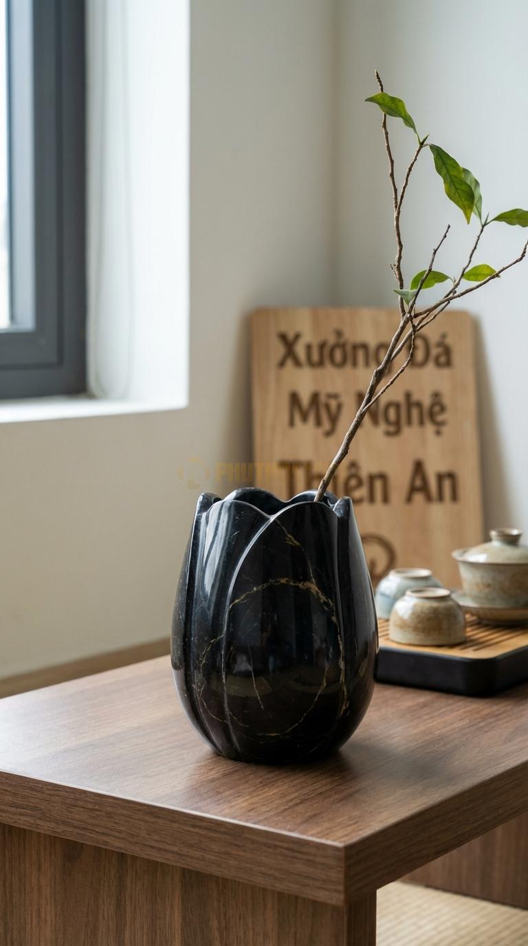 Lọ Hoa Đá Đen Chỉ Nâu Họa Tiết “Búp Sen” (Tạo Hình Búp Sen Chưa Nở). Kích Thước Cao 13Cm, Đk 9Cm.