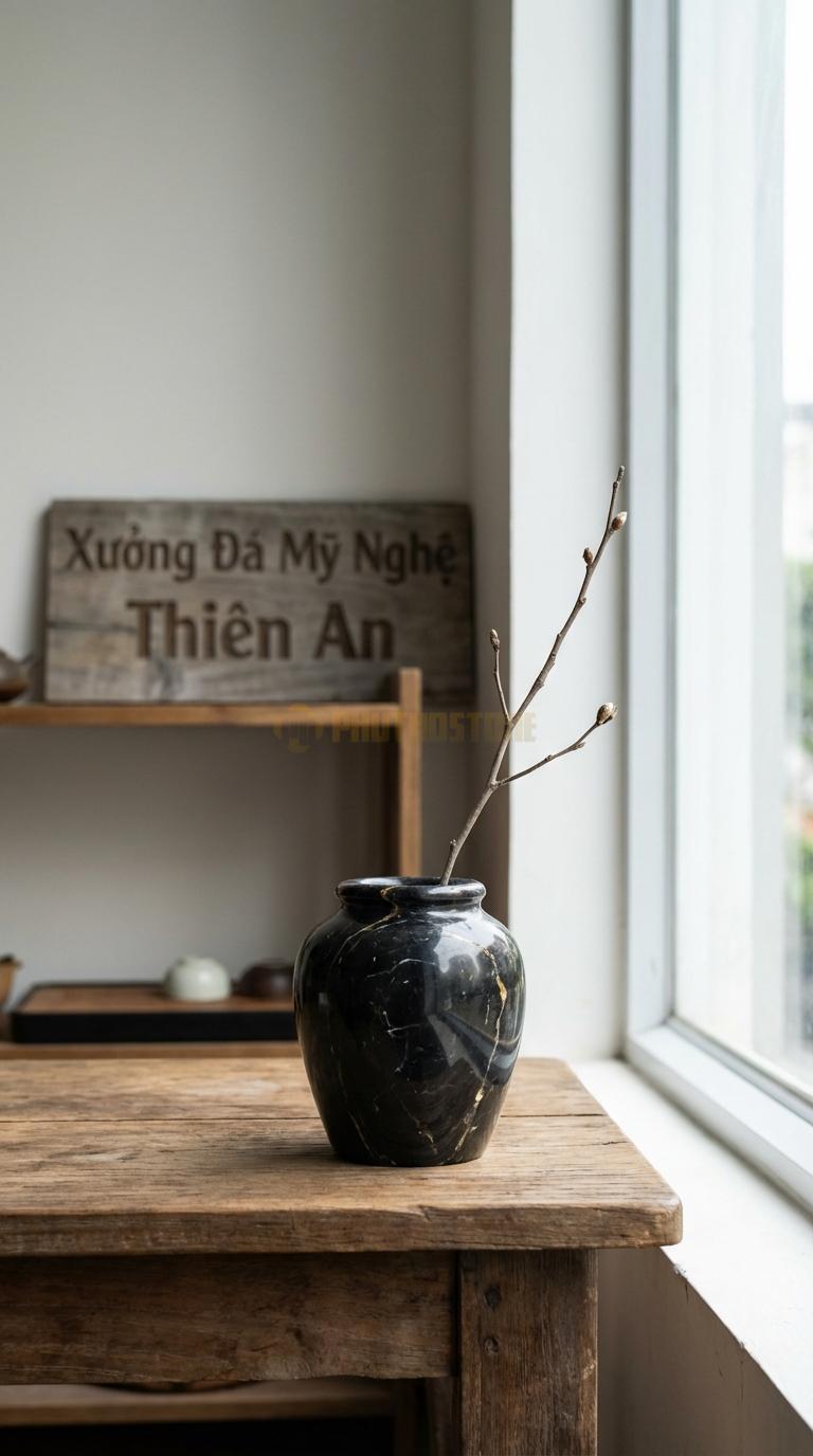 Lọ Hoa Đá Đen Chỉ Nâu Họa Tiết “Chum Sành Mini” (Mô Phỏng Chum Nước Cổ). Kích Thước Cao 10Cm, Đk 10Cm.
