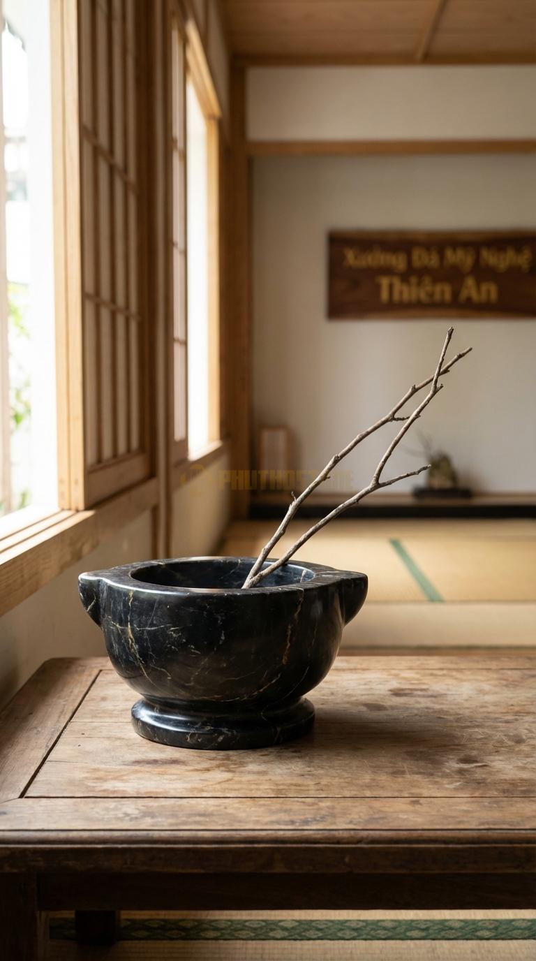 Lọ Hoa Đá Đen Chỉ Nâu Họa Tiết “Cối Đá Cổ” (Mô Phỏng Cối Xay Đá Ngày Xưa). Kích Thước Đk 25Cm, Cao 12Cm.