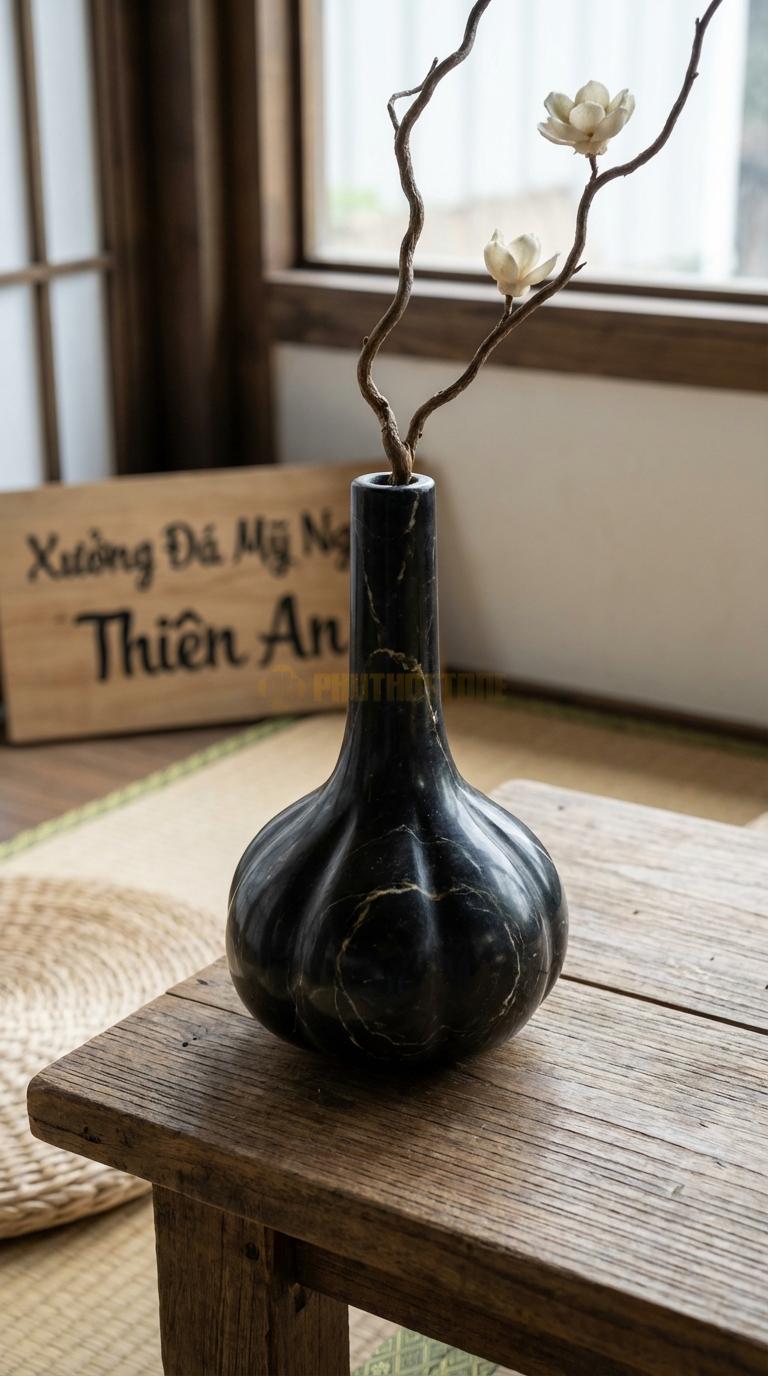 Lọ Hoa Đá Đen Chỉ Nâu Họa Tiết “Củ Tỏi” (Bụng Phình To, Cổ Thắt Lại Và Cao). Kích Thước Cao 16Cm, Đk Bụng 10Cm.