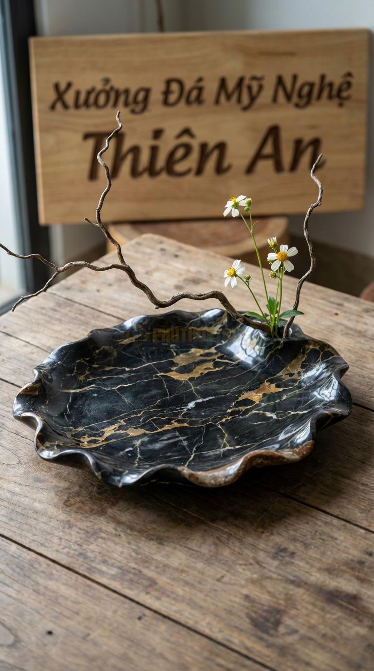 Lọ Hoa Đá Đen Chỉ Nâu Họa Tiết “Lá Sen Khô” (Viền Uốn Lượn Rách Tự Nhiên). Kích Thước Dài 35Cm, Rộng 25Cm, Cao 5Cm.