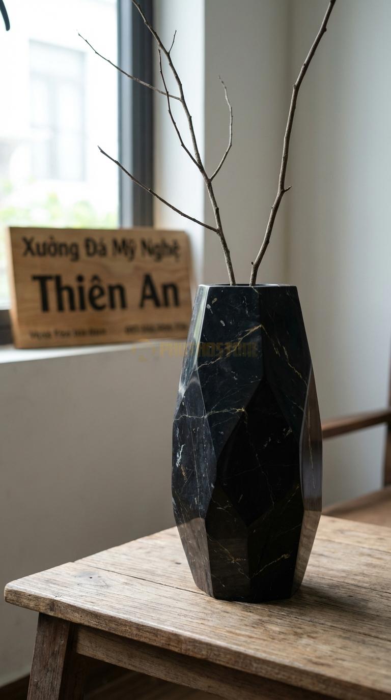 Lọ Hoa Đá Đen Chỉ Nâu Họa Tiết “Mặt Cắt Ngẫu Hứng” (Các Mặt Cắt Không Đối Xứng). Kích Thước Cao 32Cm, Đk 14Cm.