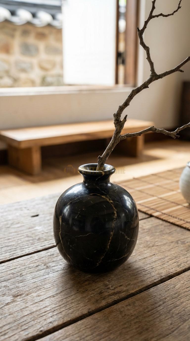 Lọ Hoa Đá Đen Chỉ Nâu Họa Tiết “Quả Lựu” (Dáng Tròn, Miệng Loe Nhỏ Như Núm Quả Lựu). Kích Thước Cao 12Cm, Đk 10Cm.