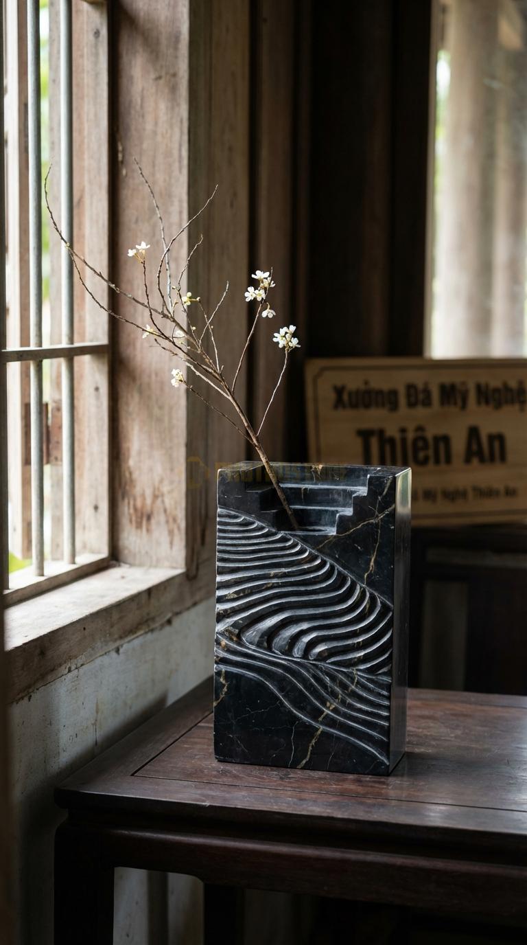 Lọ Hoa Đá Đen Chỉ Nâu Họa Tiết “Ruộng Bậc Thang” (Lòng Lọ Giật Cấp). Kích Thước 30 x 20 x 8 Cm.