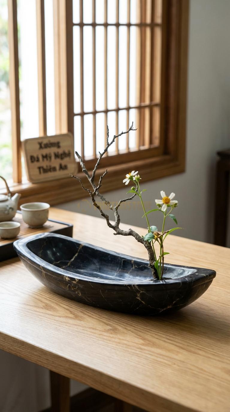 Lọ Hoa Đá Đen Chỉ Nâu Họa Tiết “Thuyền Nan” (Dáng Con Thuyền Dài, Lòng Nông). Kích Thước Dài 40Cm, Rộng 12Cm, Cao 8Cm.