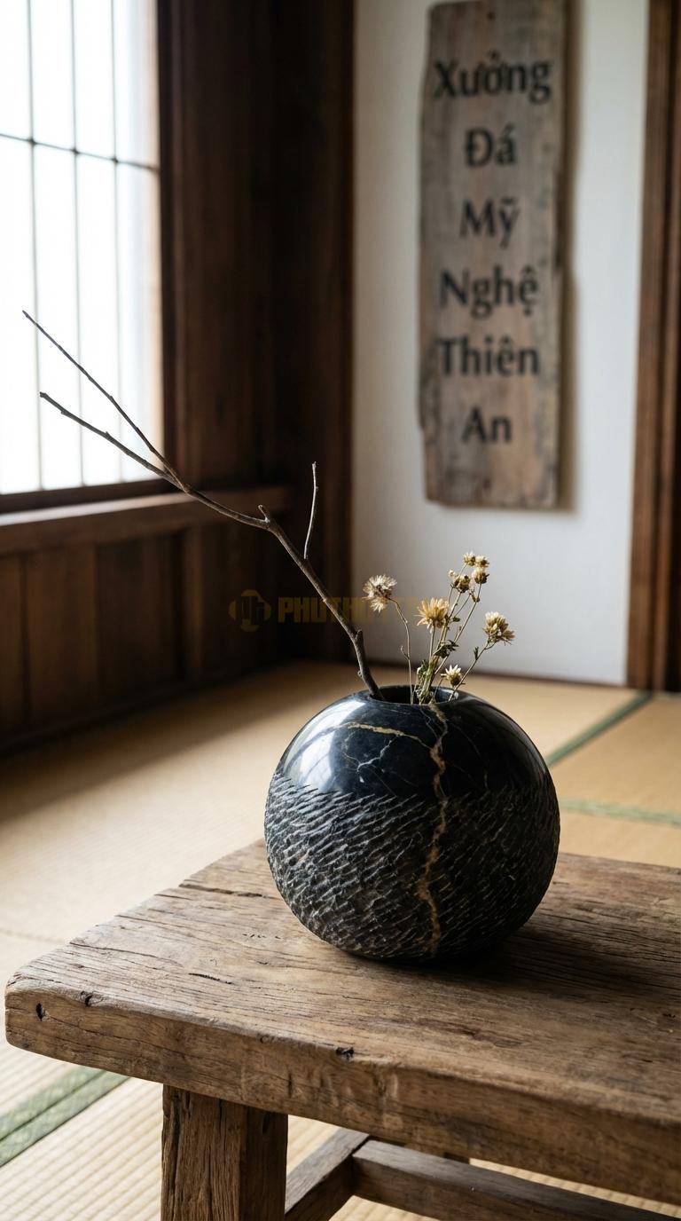 Lọ Hoa Đá Đen Chỉ Nâu Họa Tiết “Tổ Chim” (Dáng Tròn, Bề Mặt Xước Rối). Kích Thước Đk 20Cm, Cao 10Cm.