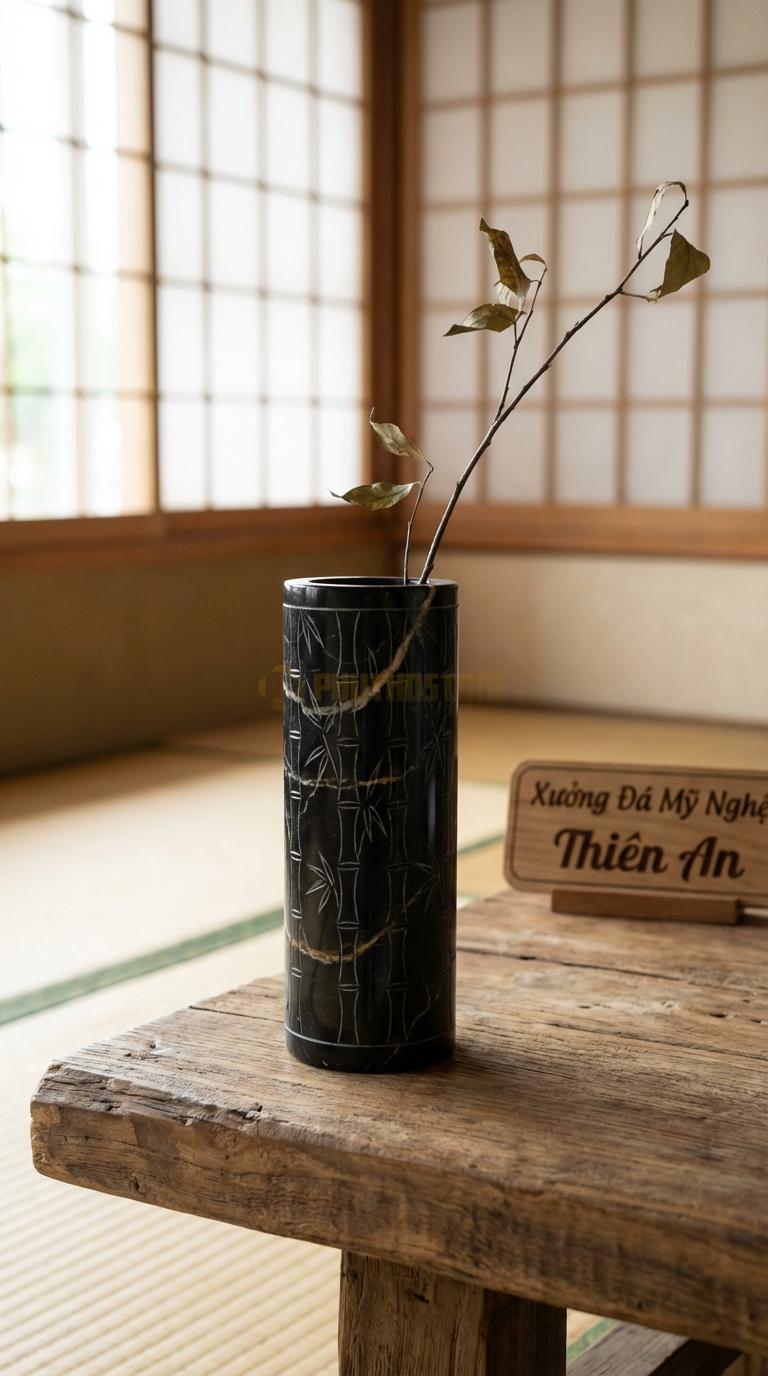 Lọ Hoa Đá Đen Chỉ Nâu Họa Tiết “Trụ Ống Tre” (Tròn Đều Từ Trên Xuống Dưới, Khắc Đốt Tre). Kích Thước Cao 18Cm, Đk 6Cm.