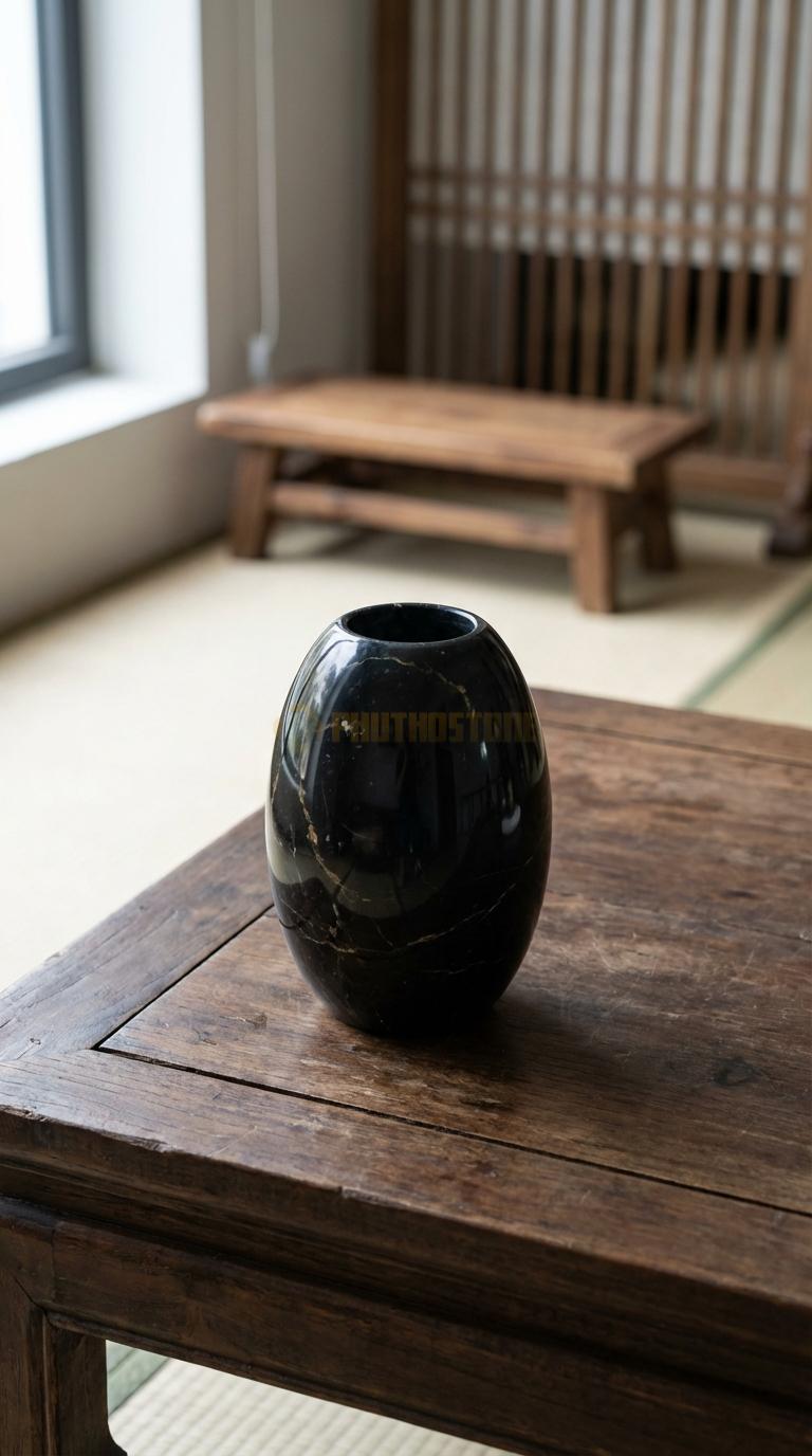 Lọ Hoa Đá Đen Chỉ Nâu Họa Tiết “Trứng Ngỗng” (Dáng Oval Đứng Trơn Nhẵn). Kích Thước Cao 14Cm, Đk 9Cm.