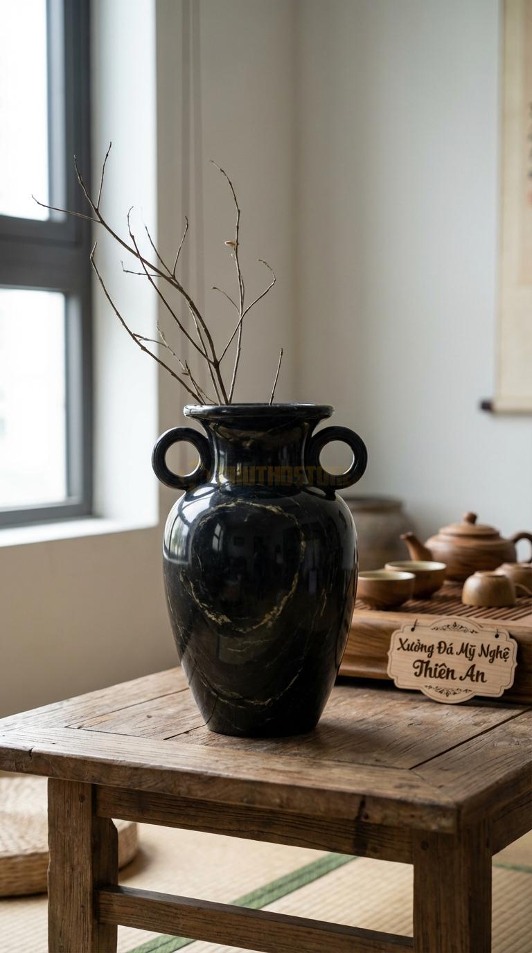 Lọ Hoa Đá Đen Chỉ Nâu Họa Tiết “Vành Khuyên” (Có Tay Cầm Tròn 2 Bên). Kích Thước Cao 28Cm, Ngang 20Cm.