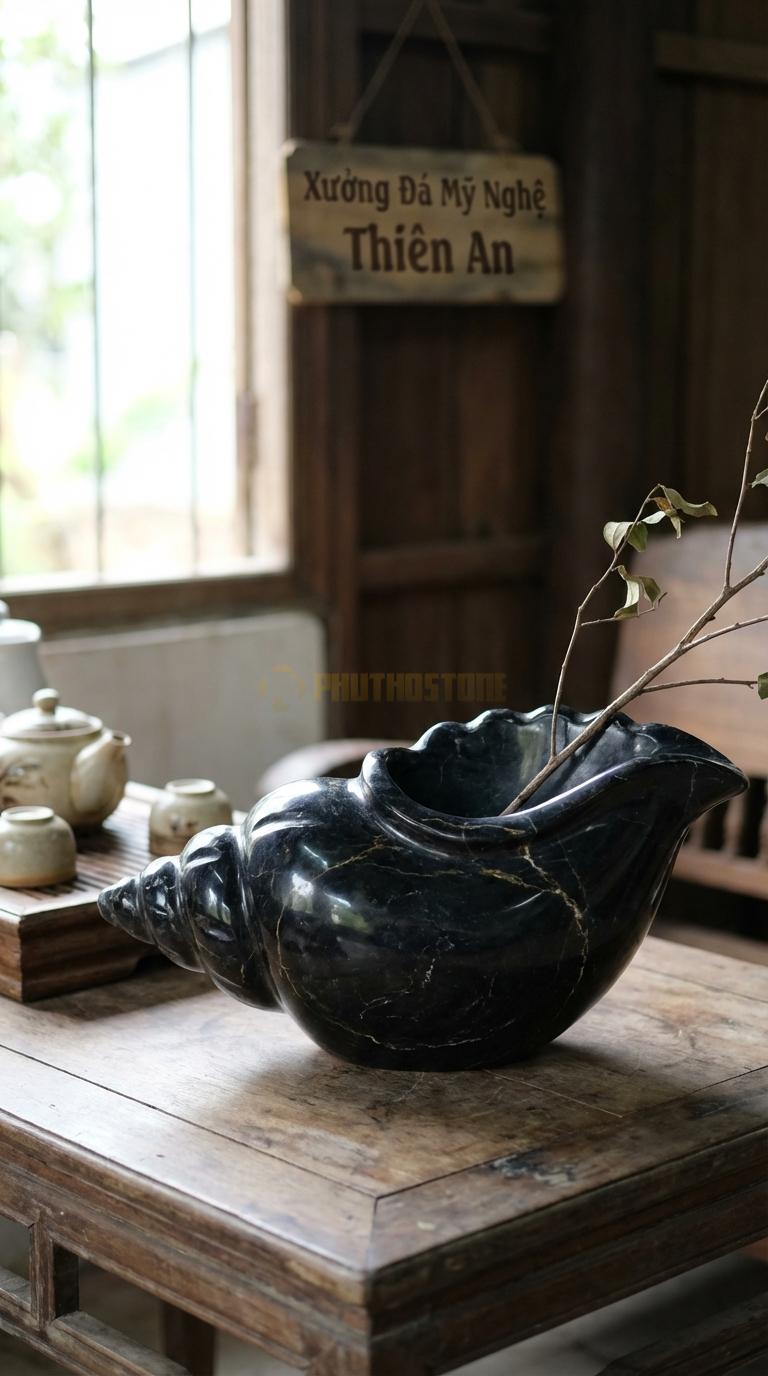 Lọ Hoa Đá Đen Chỉ Nâu Họa Tiết “Vỏ Sò” (Mô Phỏng Hình Vỏ Trai/Sò Lớn). Kích Thước Dài 28Cm, Rộng 18Cm, Cao 9Cm.
