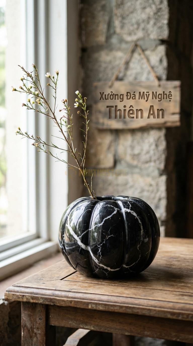 Lọ Hoa Đá Đen Tia Chớp Họa Tiết “Bí Ngô” (Chia Múi Dọc Thân Giống Quả Bí). Kích Thước Cao 10Cm, Đk 13Cm.