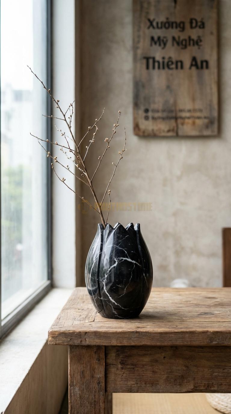 Lọ Hoa Đá Đen Tia Chớp Họa Tiết “Búp Sen” (Tạo Hình Búp Sen Chưa Nở). Kích Thước Cao 13Cm, Đk 9Cm.