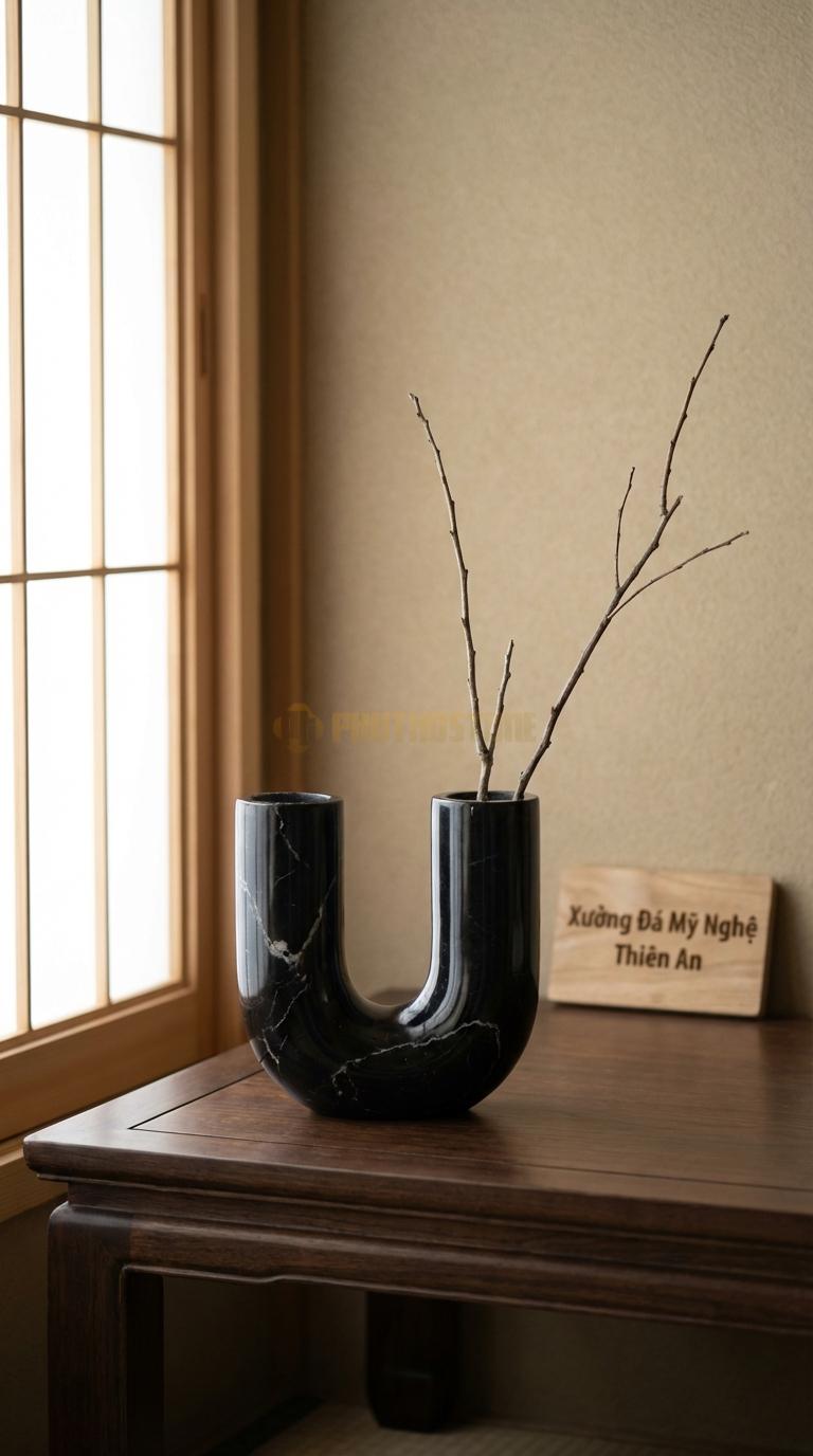 Lọ Hoa Đá Đen Tia Chớp Họa Tiết “Chữ U” (Dáng Cong Chữ U Hiện Đại). Kích Thước Cao 14Cm, Rộng 12Cm.