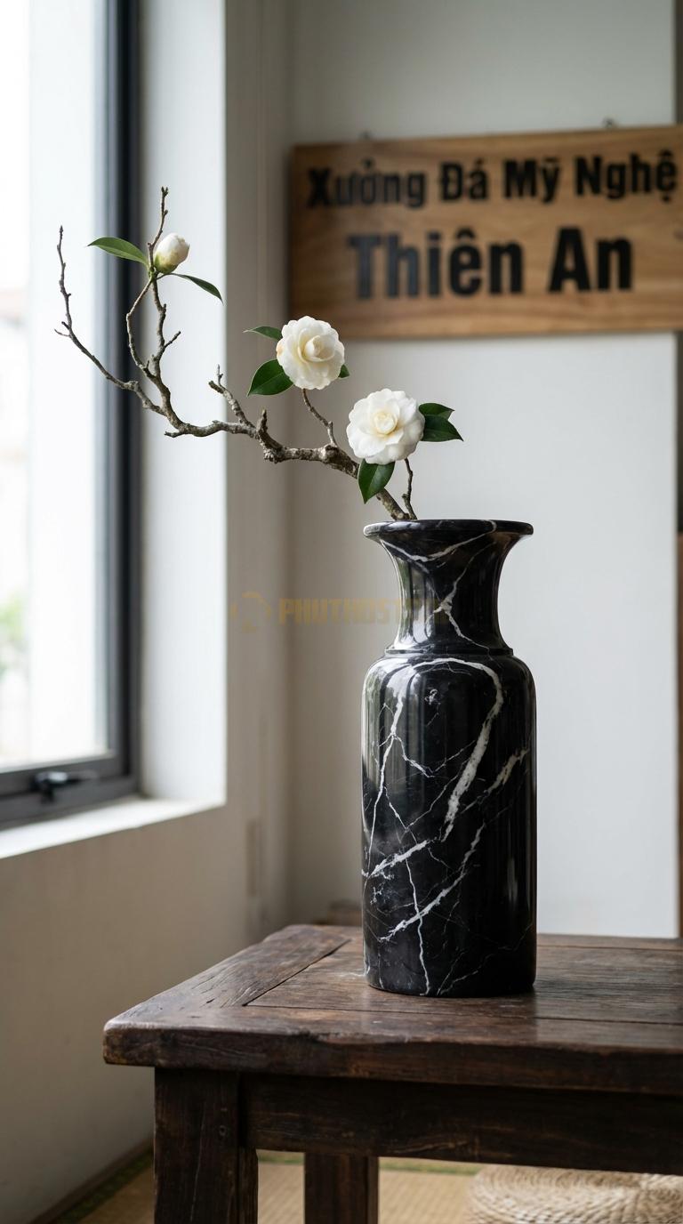 Lọ Hoa Đá Đen Tia Chớp Họa Tiết “Cổ Loa” (Miệng Loe Rộng, Cổ Nhỏ). Kích Thước Cao 28Cm, Đk Miệng 18Cm.