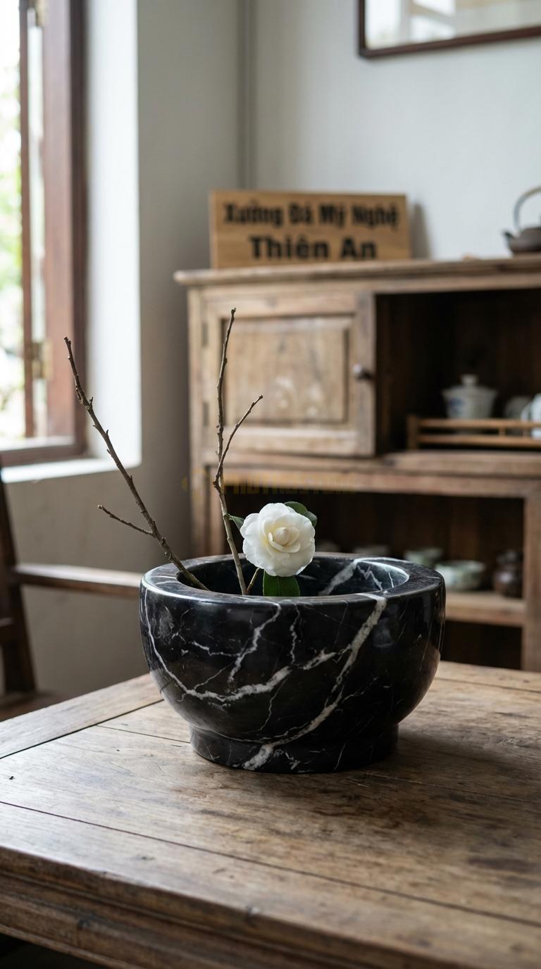 Lọ Hoa Đá Đen Tia Chớp Họa Tiết “Cối Đá Cổ” (Mô Phỏng Cối Xay Đá Ngày Xưa). Kích Thước Đk 25Cm, Cao 12Cm.