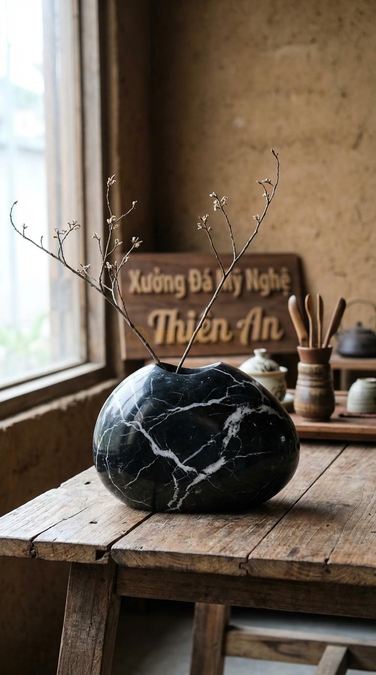 Lọ Hoa Đá Đen Tia Chớp Họa Tiết “Đá Cuội Suối” (Hình Viên Cuội Tự Nhiên Khoét Lỗ). Kích Thước Ngang 20Cm, Cao 15Cm.