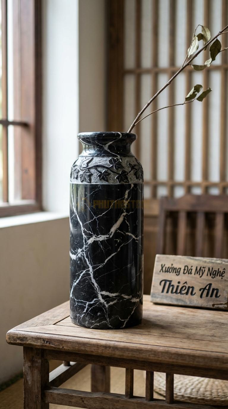 Lọ Hoa Đá Đen Tia Chớp Họa Tiết “Dây Leo” (Hoa Dây Quấn Quanh Cổ Bình). Kích Thước Cao 30Cm, Đk 14Cm.