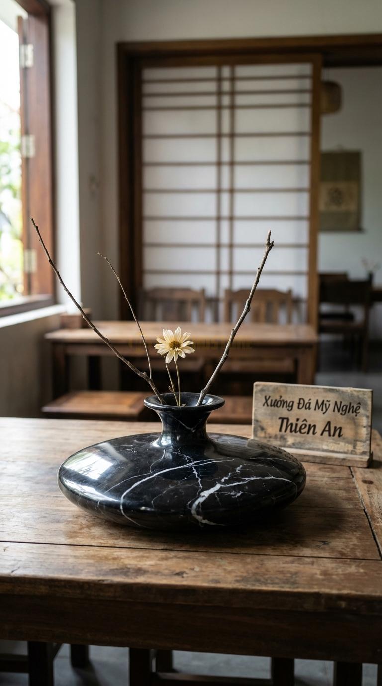 Lọ Hoa Đá Đen Tia Chớp Họa Tiết “Đĩa Bay Tròn” (Dáng Đĩa Tròn Dẹt, Miệng Loe). Kích Thước Đk 30Cm, Cao 6Cm.