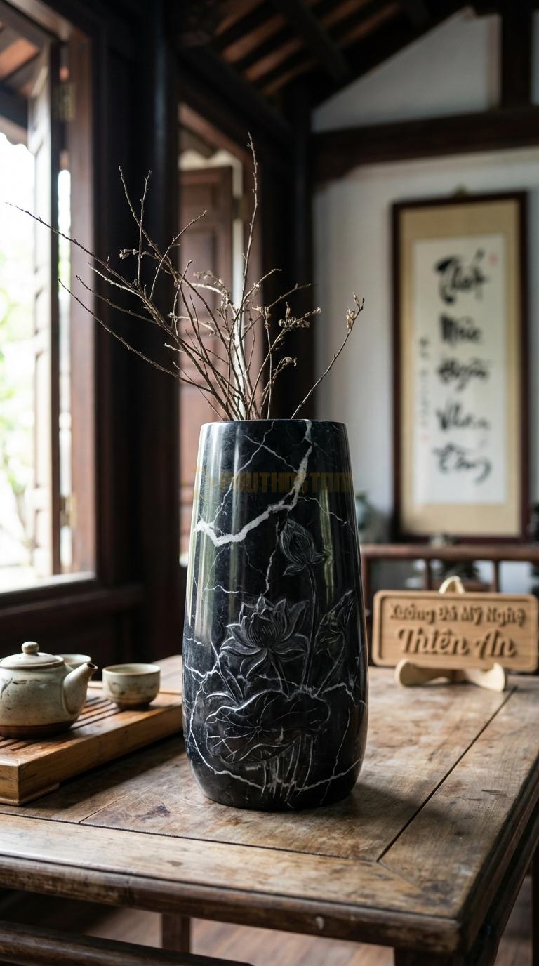 Lọ Hoa Đá Đen Tia Chớp Họa Tiết “Hoa Sen Chạm Nổi” (Dáng Bình Eo Thon, Chạm Sen). Kích Thước Cao 30Cm, Đk 16Cm.