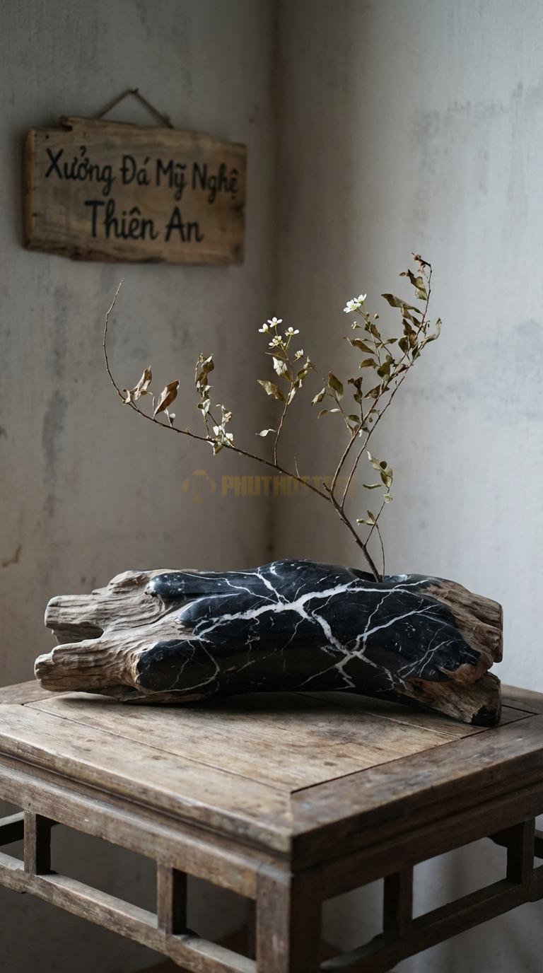 Lọ Hoa Đá Đen Tia Chớp Họa Tiết “Khúc Gỗ Lũa” (Đá Tạo Hình Giống Gỗ Mục). Kích Thước Dài 38Cm, Cao 10Cm.
