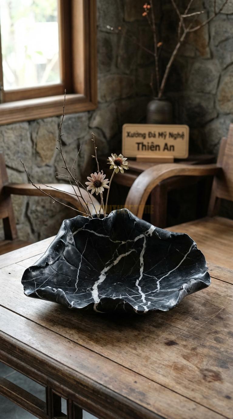 Lọ Hoa Đá Đen Tia Chớp Họa Tiết “Lá Sen Khô” (Viền Uốn Lượn Rách Tự Nhiên). Kích Thước Dài 35Cm, Rộng 25Cm, Cao 5Cm.